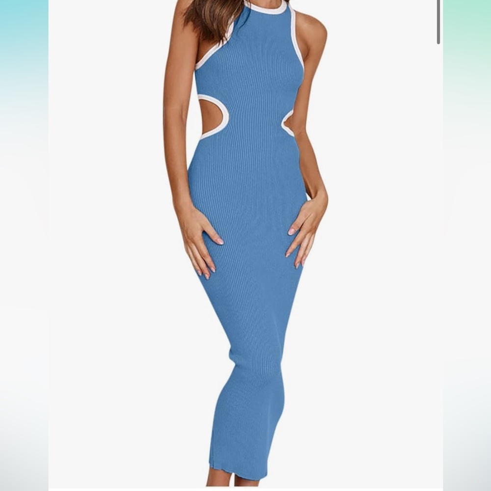 Sky blue and white maxi dress stretch cut out waist